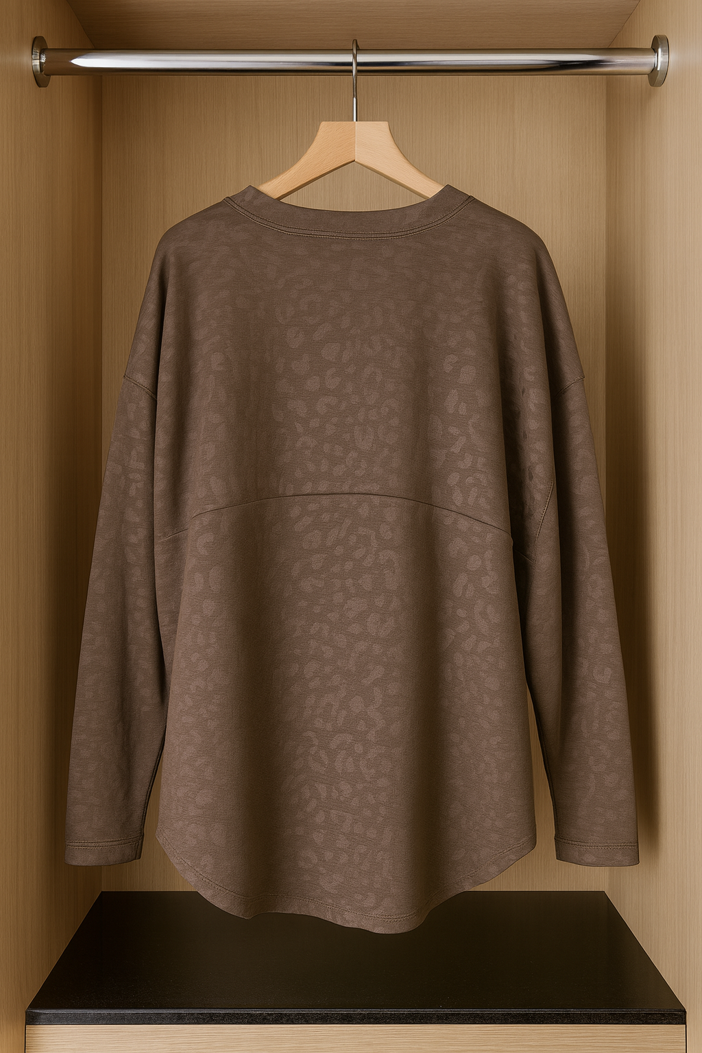 Premium Stitch Embossed Leopard Print Raw Edge Hem Camellia Sweatshirt - Mocha