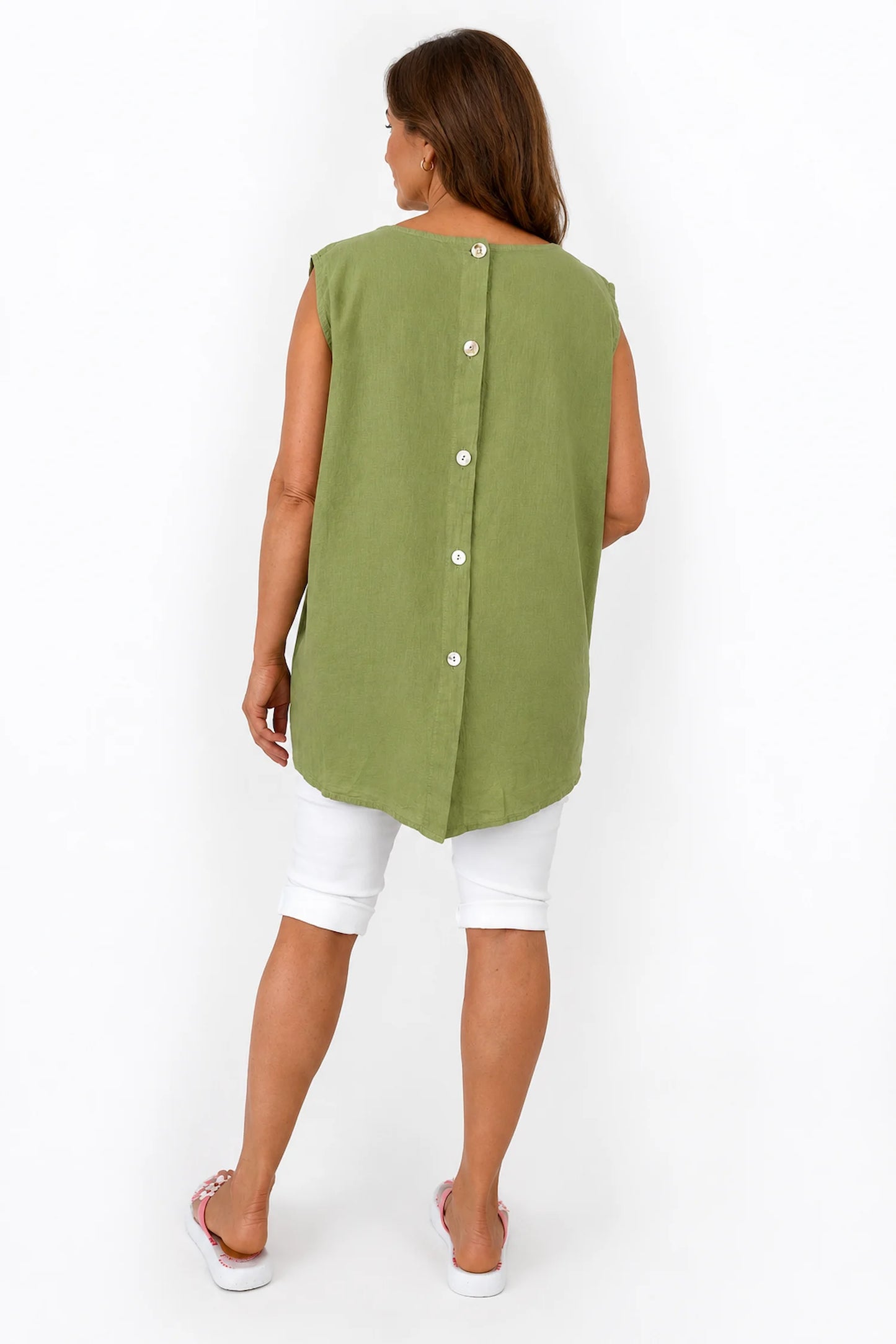 Linen Cotton Mix Button Back Embroidered Crochet Pocket Primrose Vest - Lime