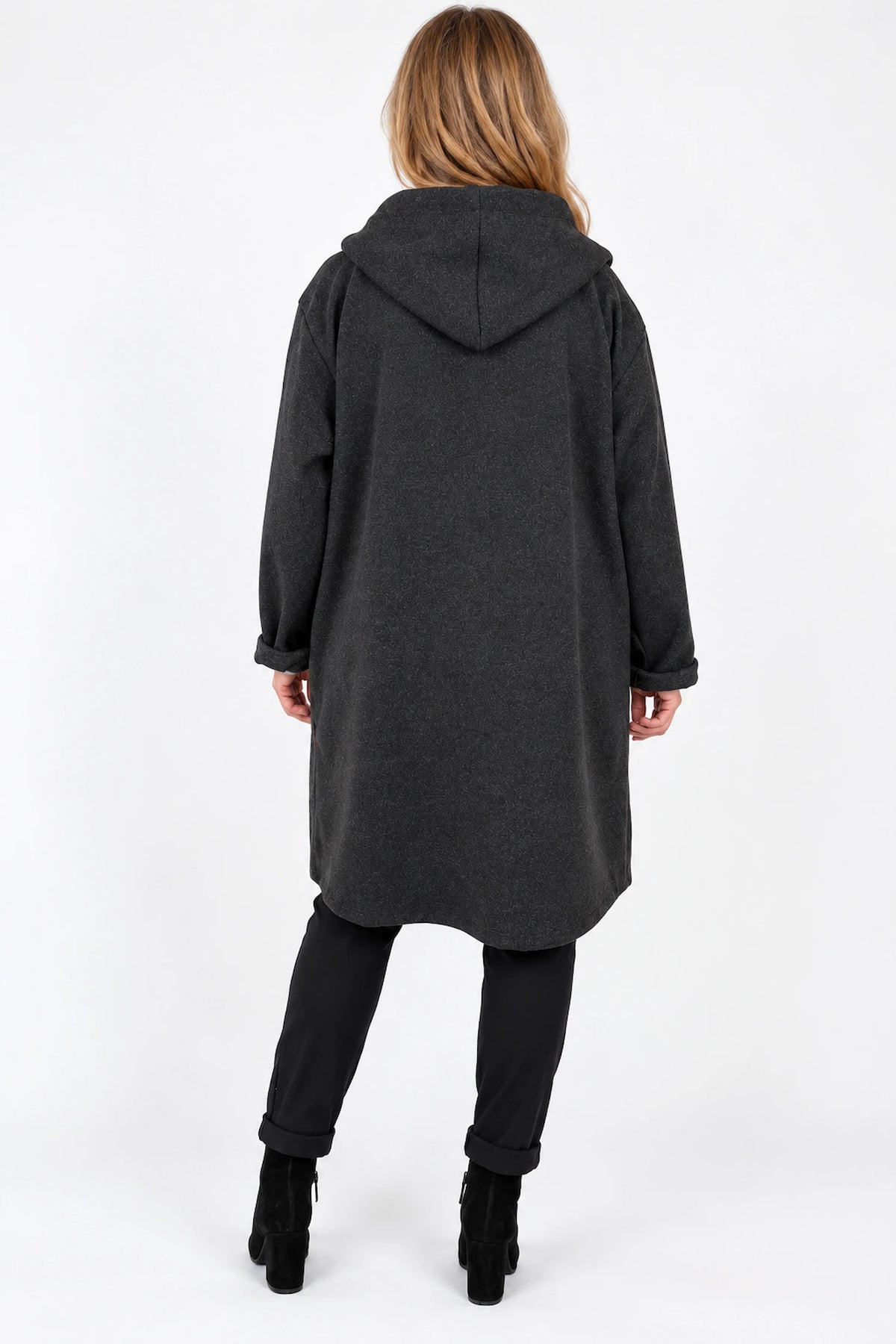 Viera Contrast Trim Double Pocket Drawstring Hooded Button Coat - Black