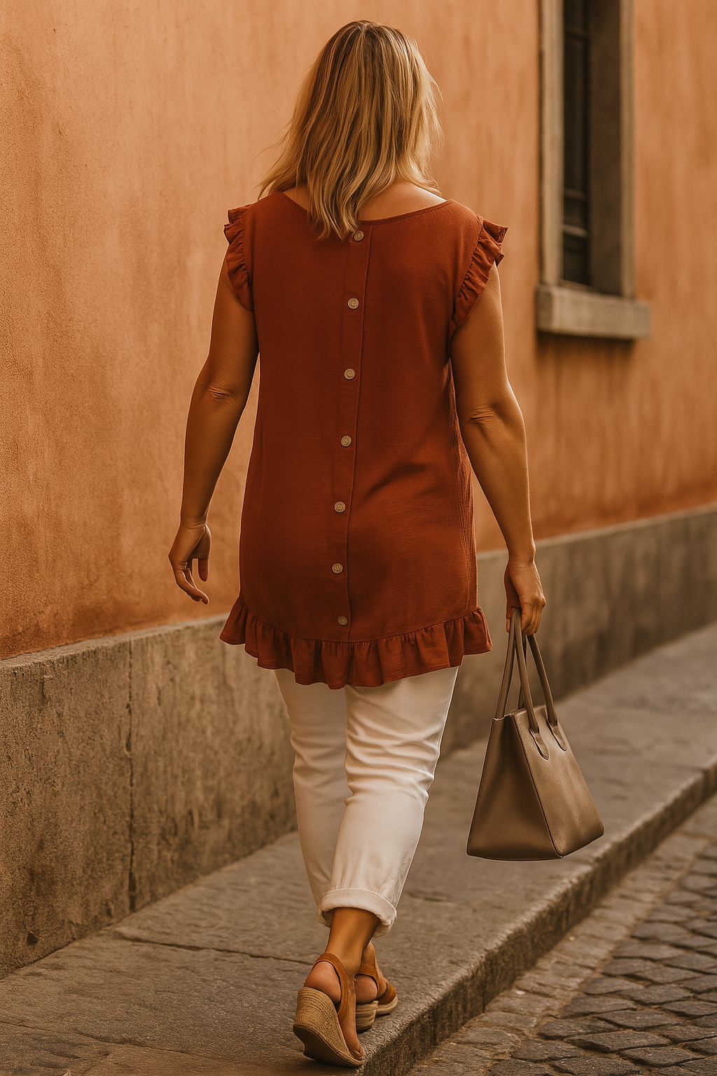 Button Back Frill Detail Ella Top - Spice Terracotta