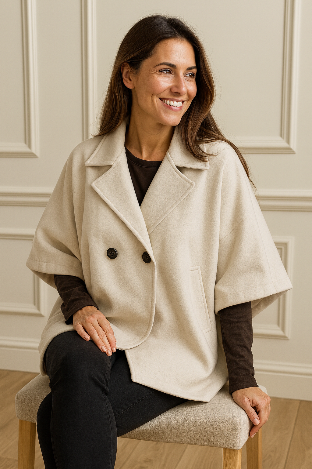 Double Pocket Button Detail Florence Cape Jacket - Cream