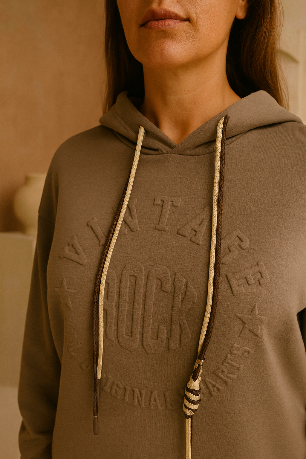 Vintage Embossed Double Drawstring Lightweight Hoodie - Mocha