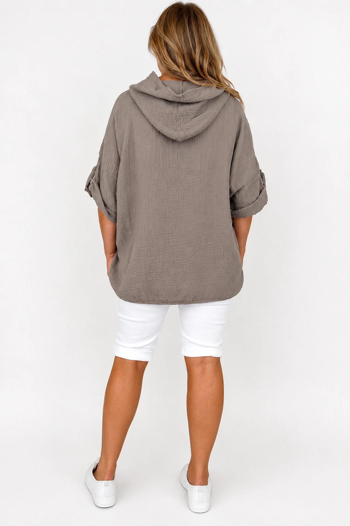 Pure Bubble Cotton Button Sleeve Badge Detail Pocketed Zara Hoodie - Mocha