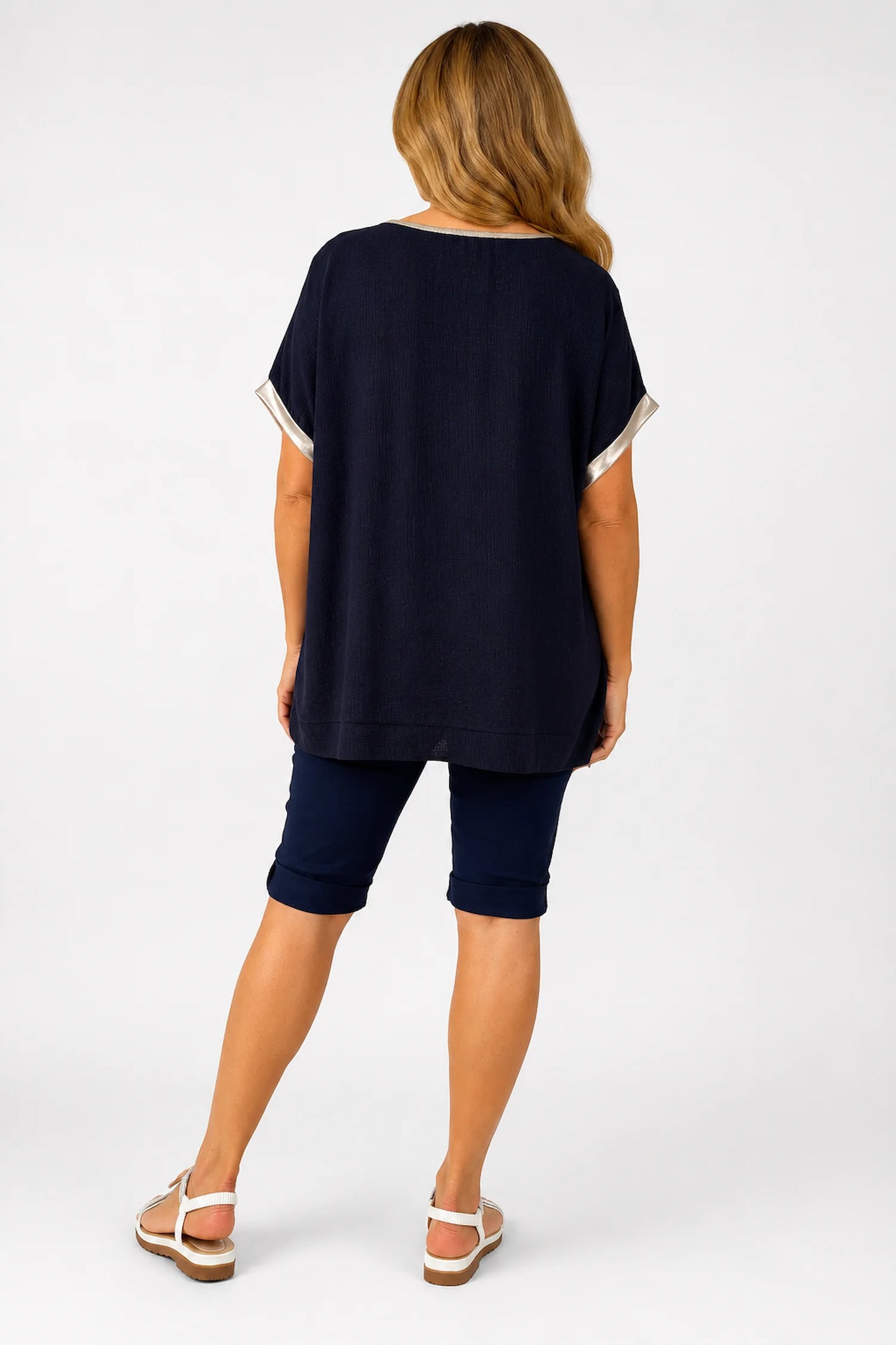 Lightly Textured Golden Diamanté Clover Gold Trim Diana Top - Navy