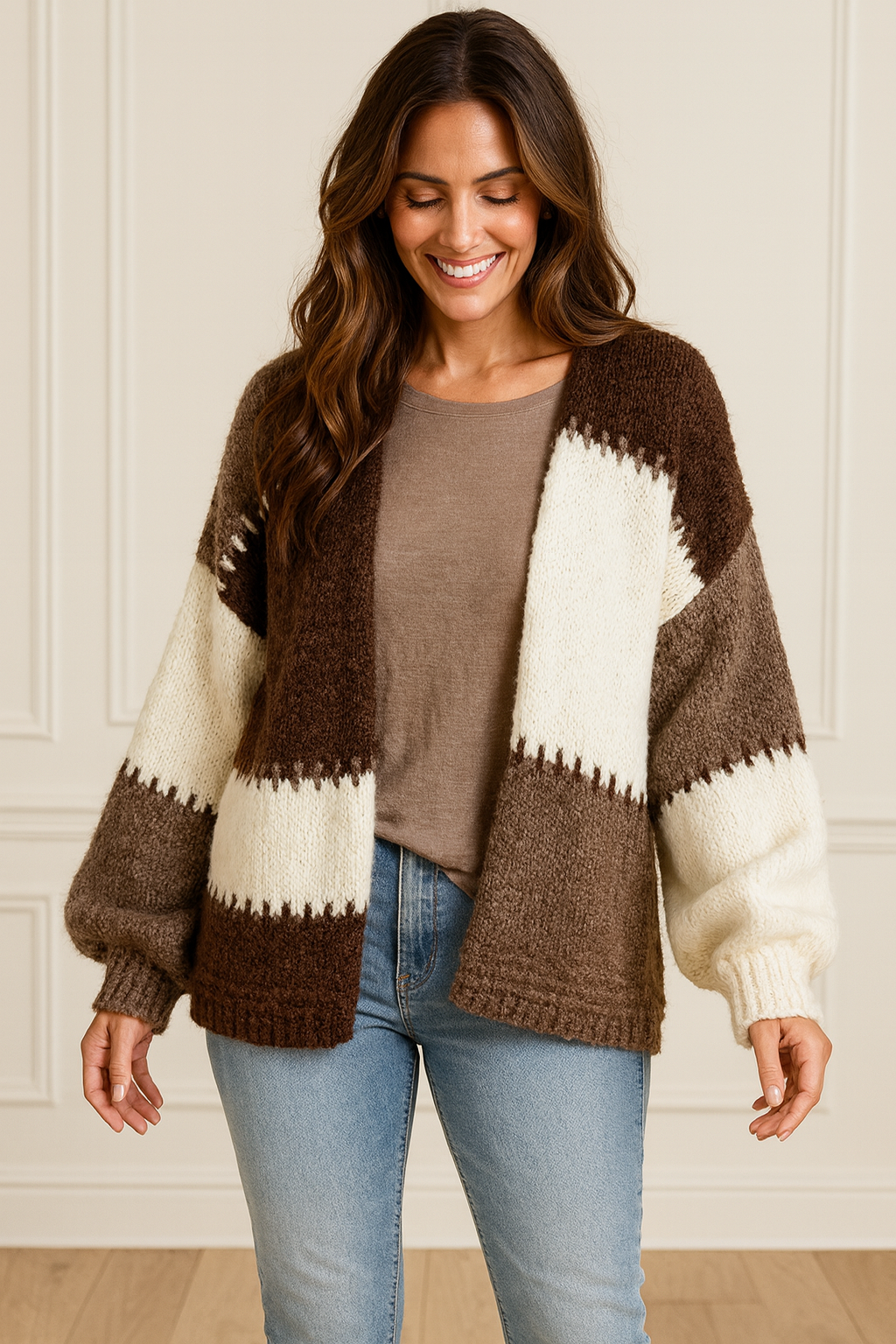 Wool Mix Premium Knit Roxy Cardigan - Chocolate/Beige/Mocha