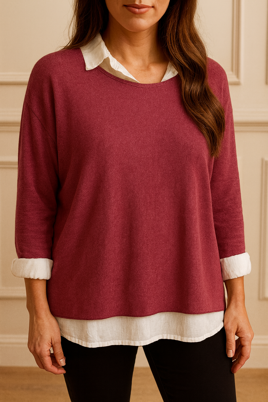 Cotton Mix Two in One Fleur Top - Wine
