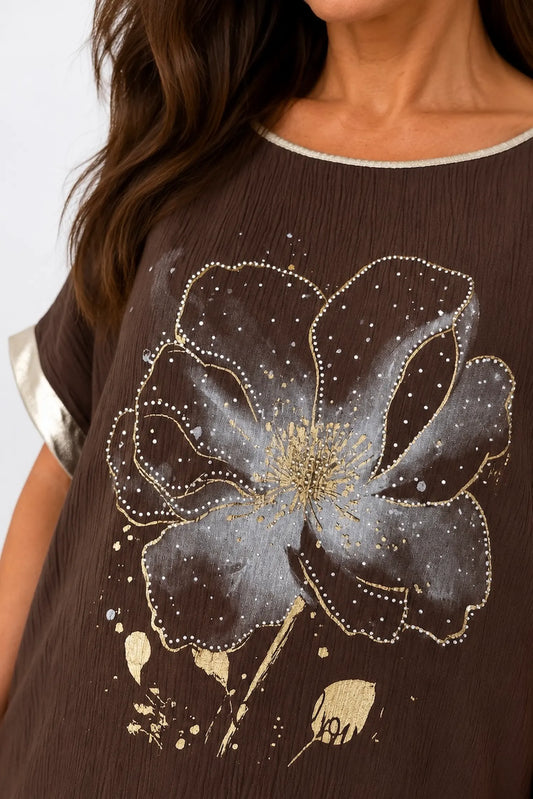 Lightly Textured Golden Diamanté Clover Gold Trim Diana Top - Chocolate