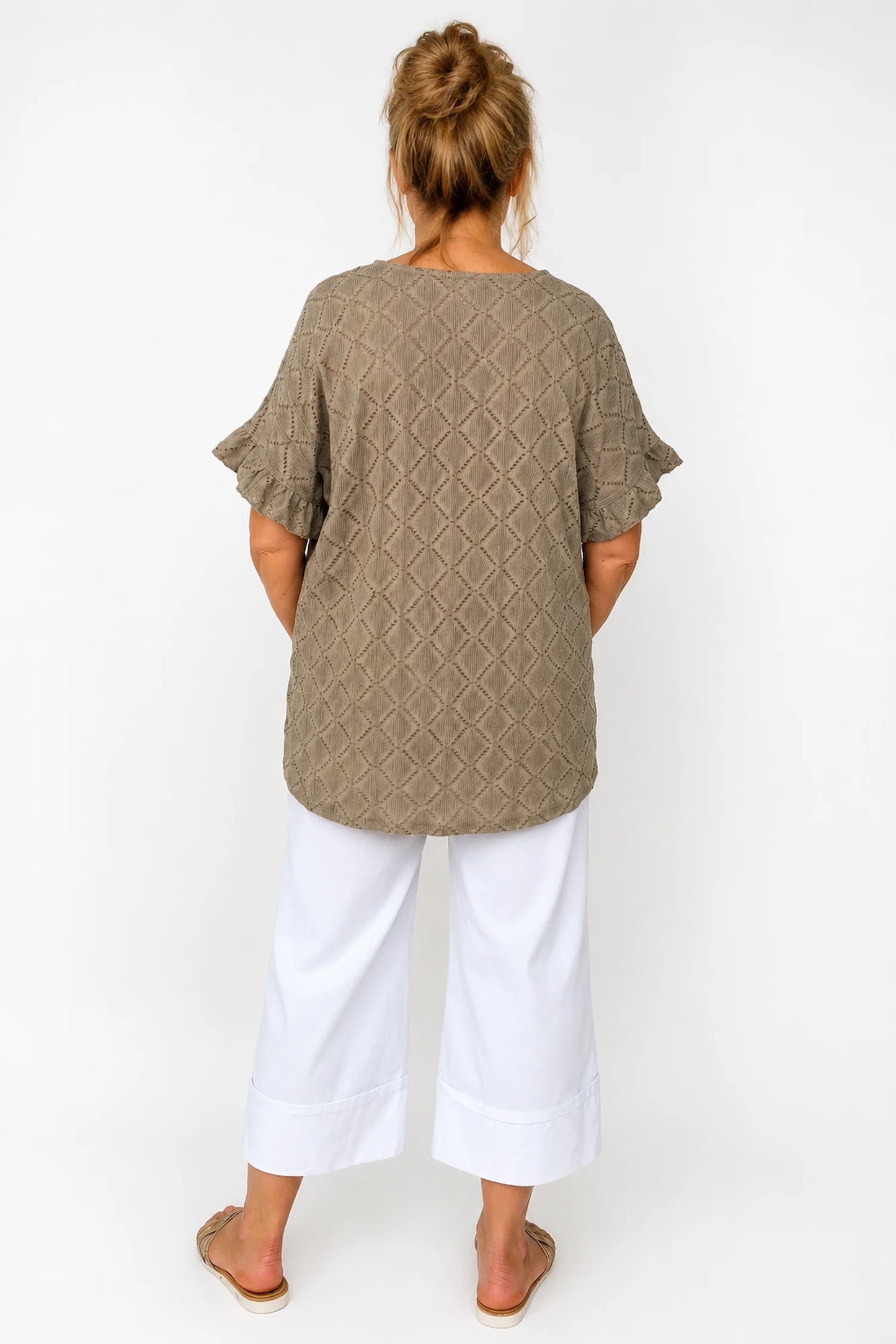 Lightly Textured Frill Sleeve Giana Necklace Top - Mocha