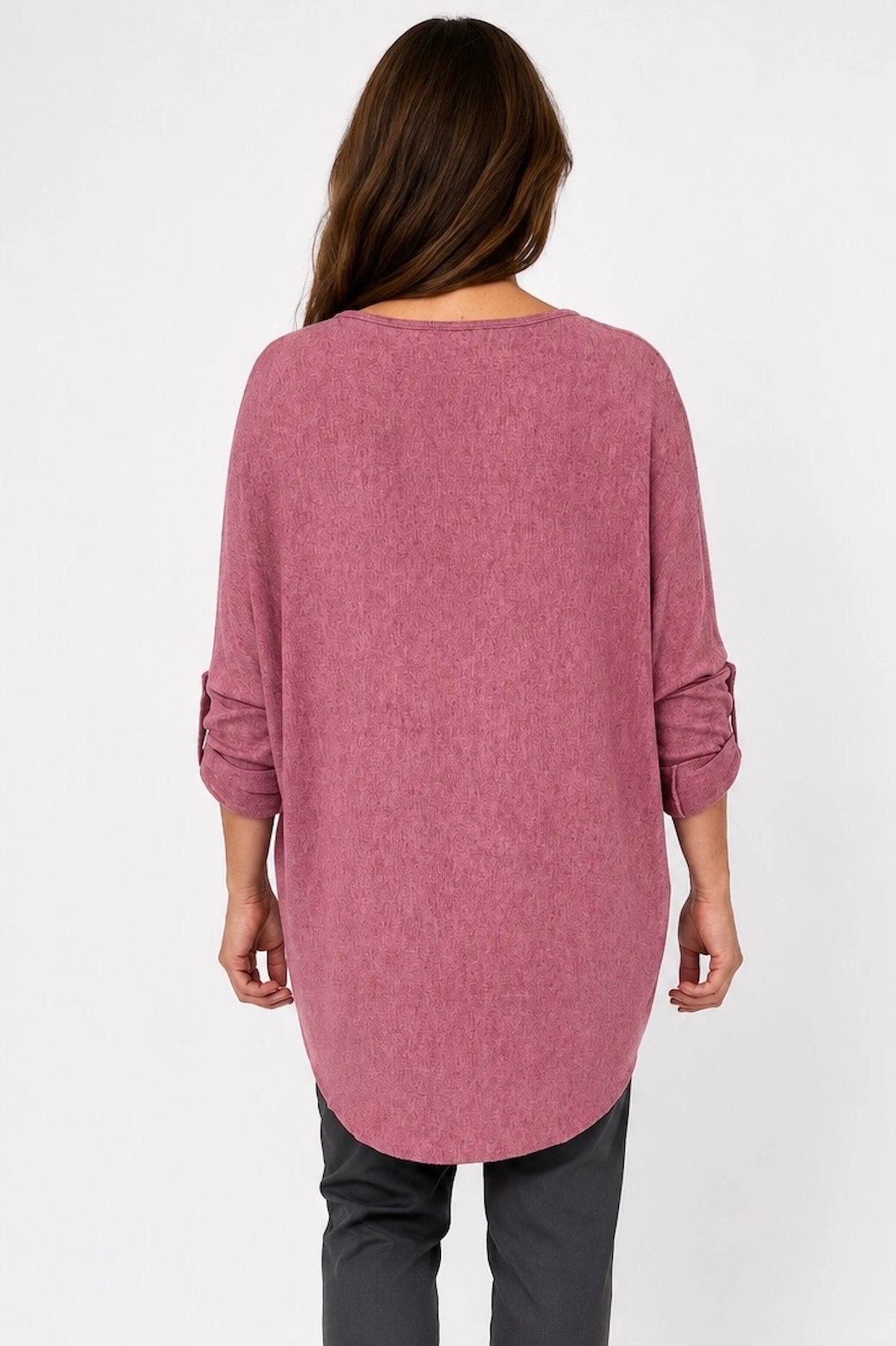 Fine Knit Button Sleeve Batwing Angelica Top - Raspberry Ripple