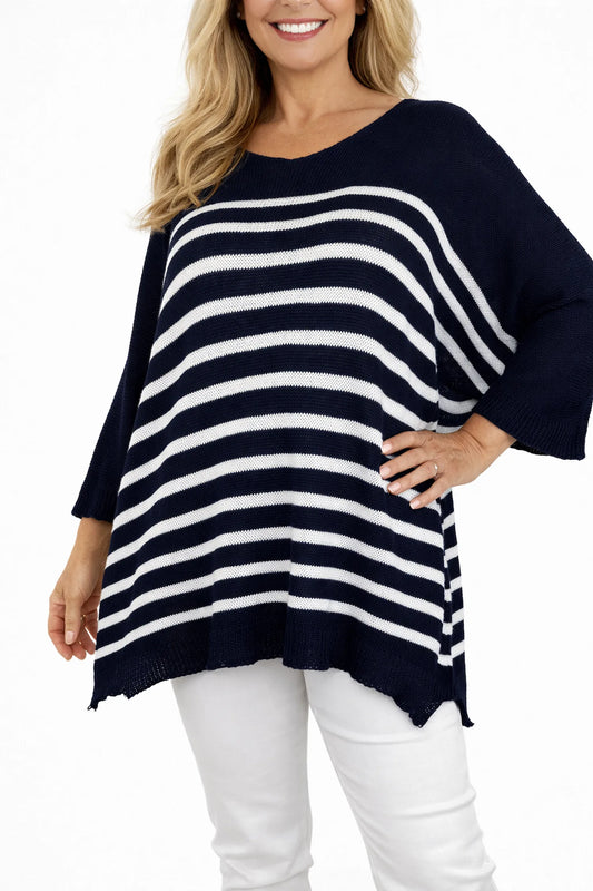 Cotton Serena Stripe Spring Knit Top - Navy