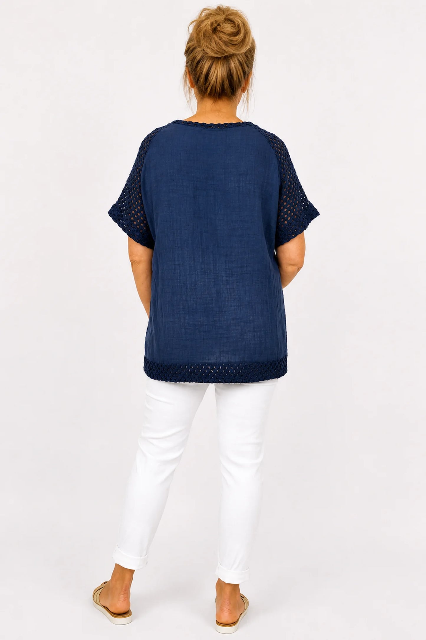 Pure Cotton Crochet Detail Button Pocket Palermo Top - Navy