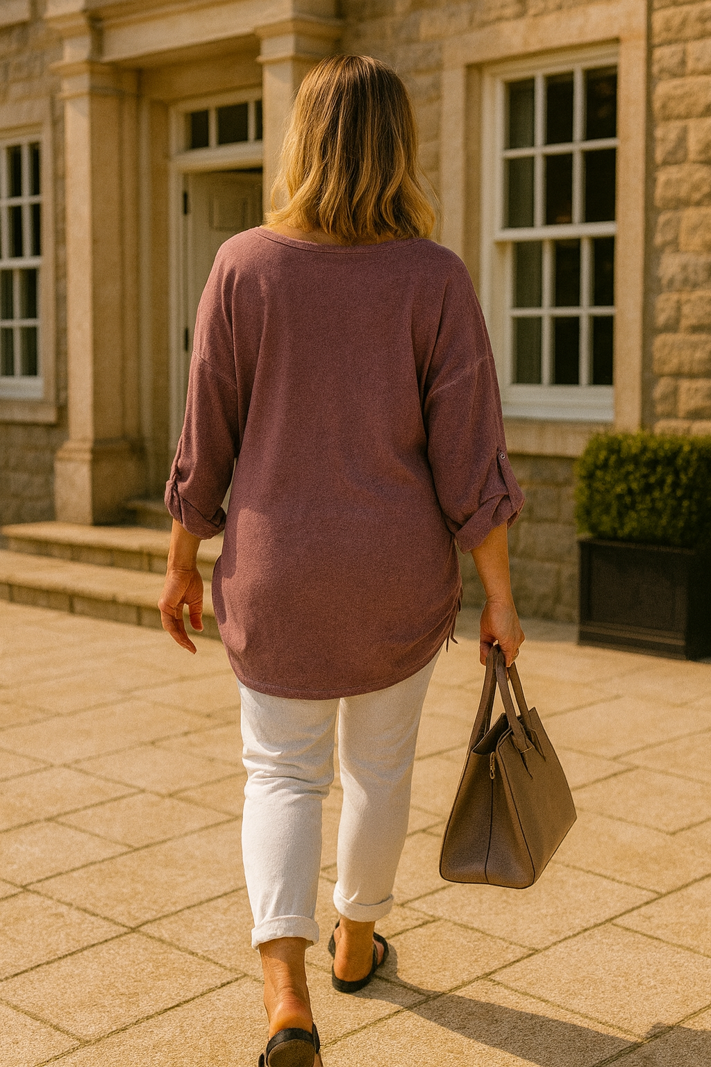 Linen Mix Diamanté Tree Rugged Side Detail Button Sleeve Valentina Top - Raspberry Ripple