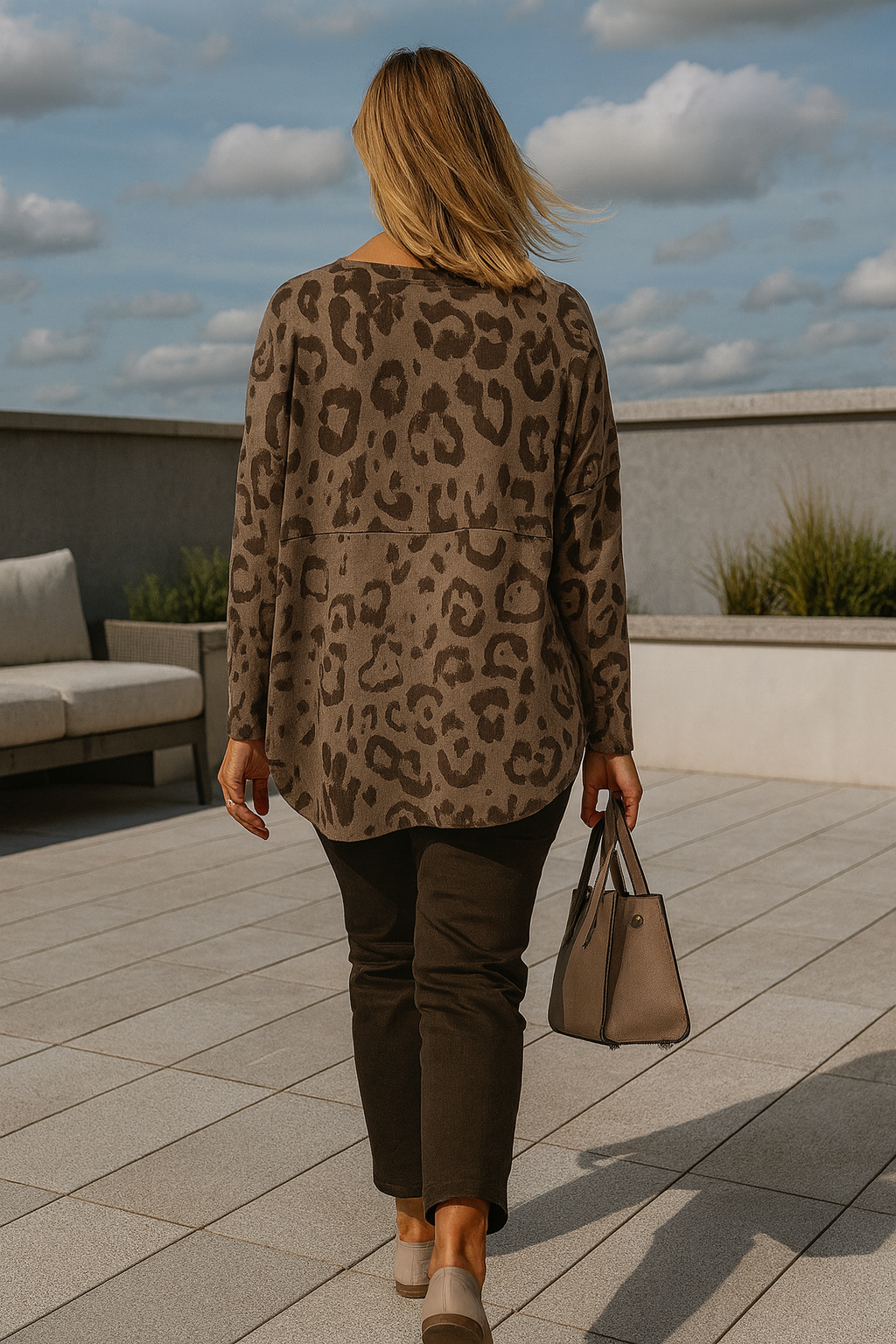 Pure Cotton Leopard Print Rivia Badge Detail Raw Edge Hem Sweatshirt - Mocha