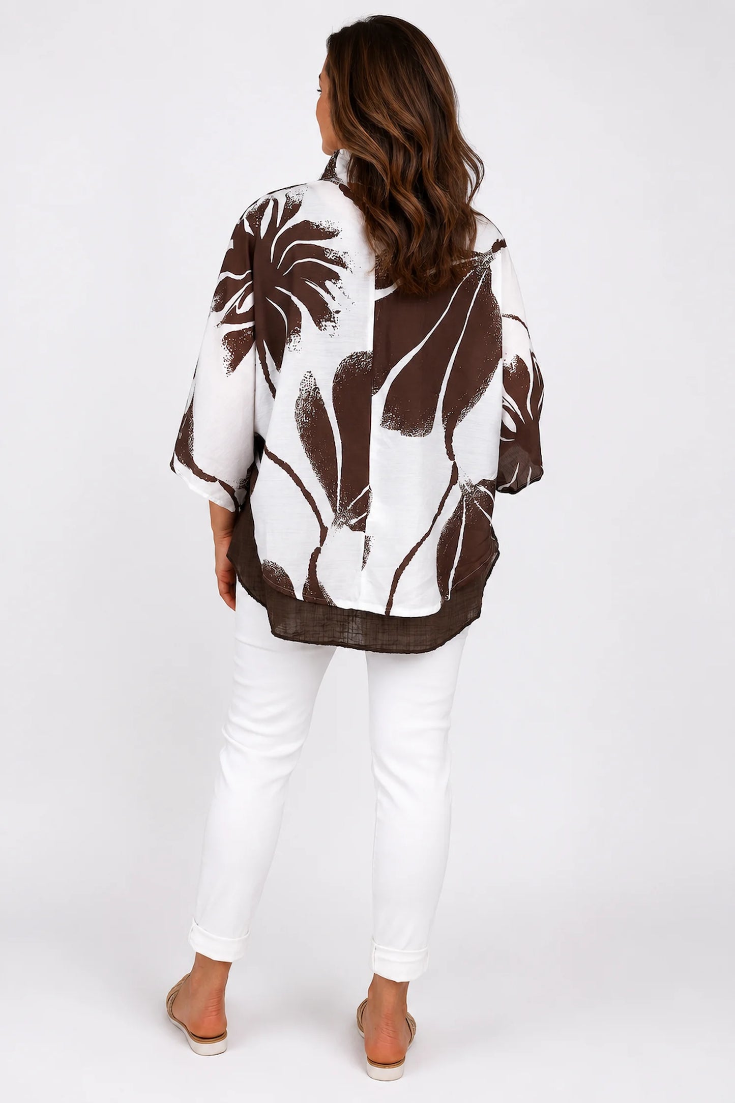 Tie Front Embroidered Floral Detail Batwing Alexa Cover Up - Chocolate