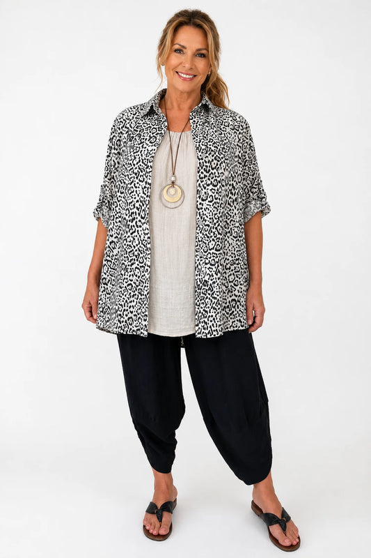 Premium Stitch Button Sleeve Leopard Print Valencia Button Shirt - Beige