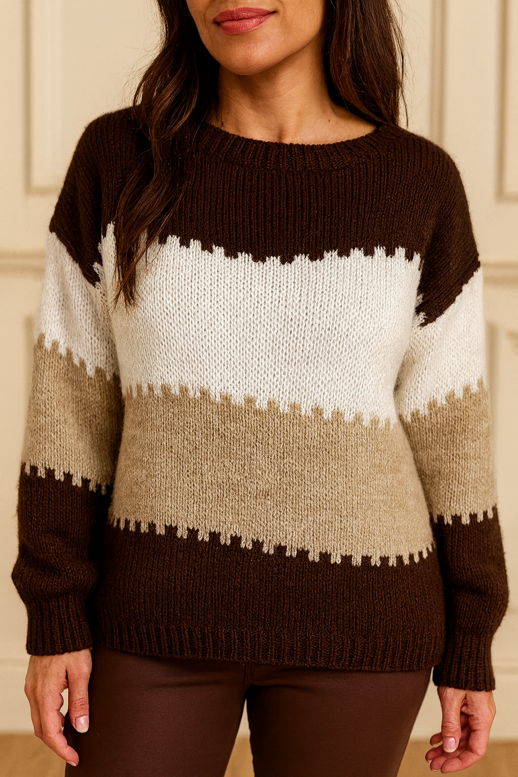 Multi-Tone Sarice Knit Jumper - Chocolate/Cream/Beige