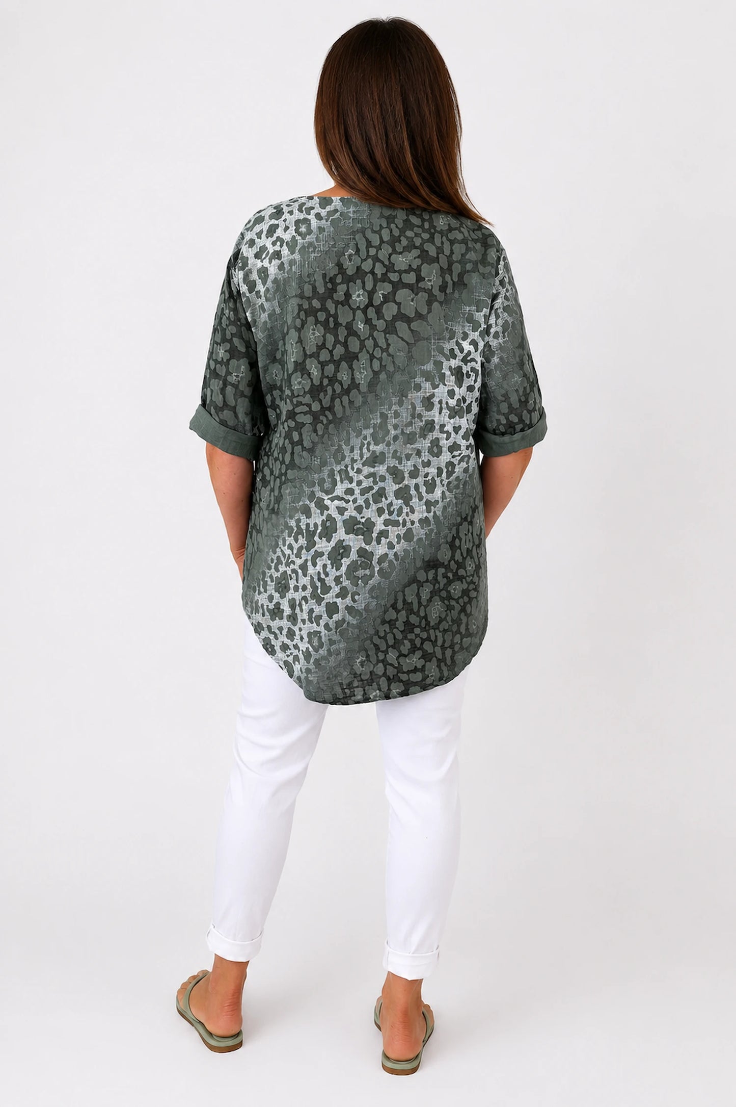 Pure Cotton Leopard Felicity One Button Shirt - Khaki