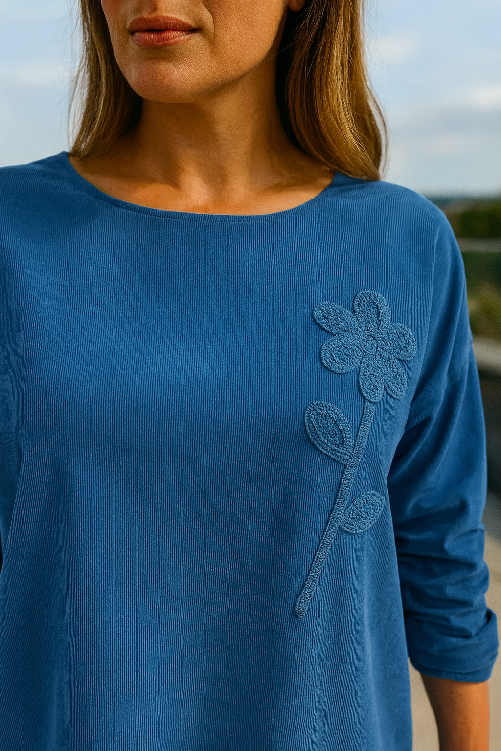 Pure Cotton Needlecord Flower Stitch Arabella Top - Denim