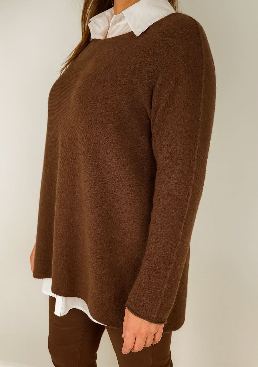 Pure Cotton Allegra Fine Knit Seam Sleeve Detail Jumper - Chocolate