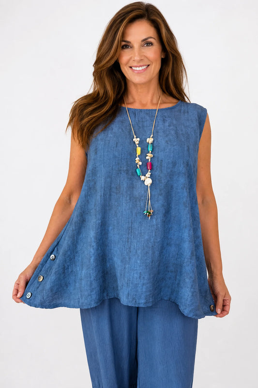 Lightly Textured Button Detail Carla Necklace Vest - Washed Denim