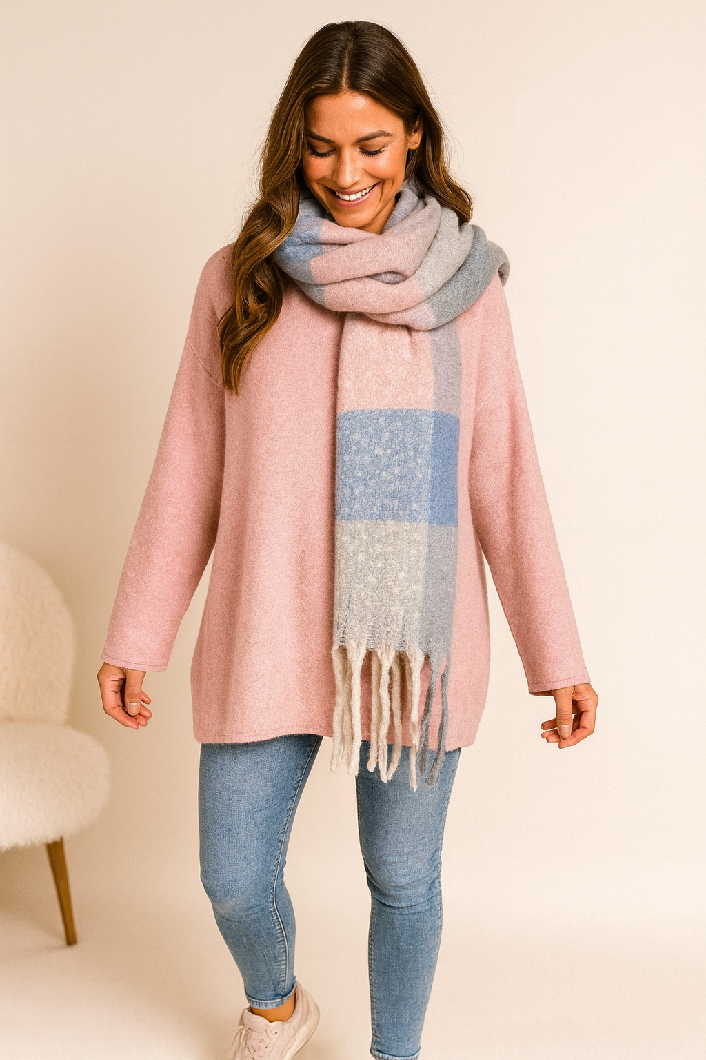 Soft Knit Arria Scarf - Pink/Grey/Blue