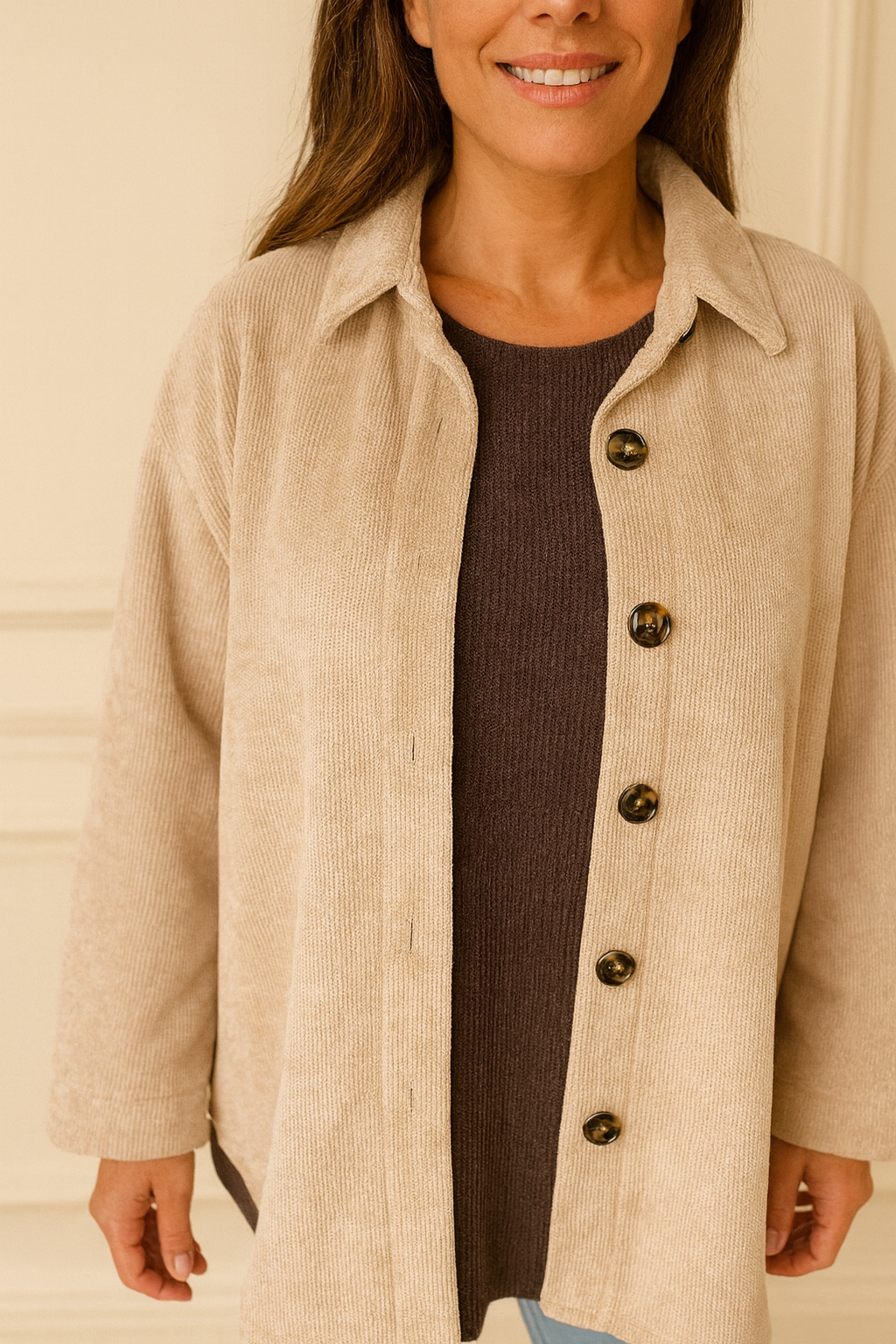 Chenille Arrivia Button Shacket - Beige
