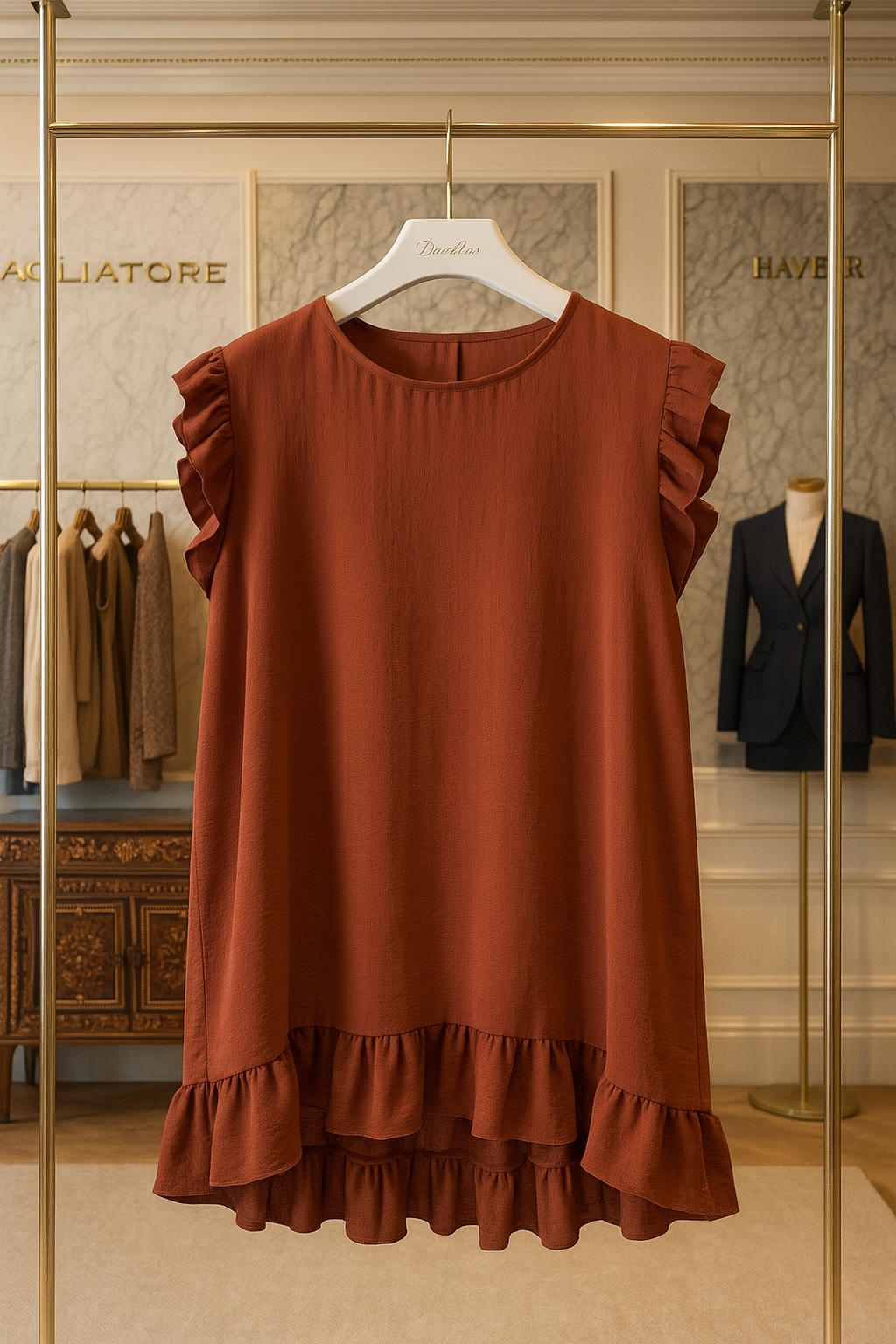 Button Back Frill Detail Ella Top - Spice Terracotta