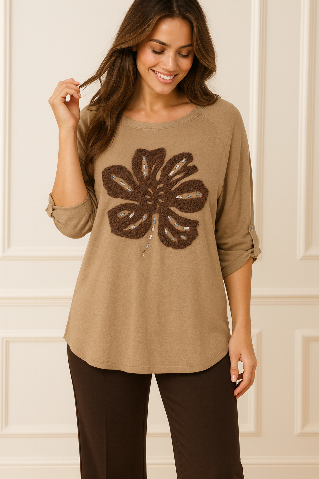 Luxury Knit Button Sleeve Kari Sparkle Clover Top - Beige
