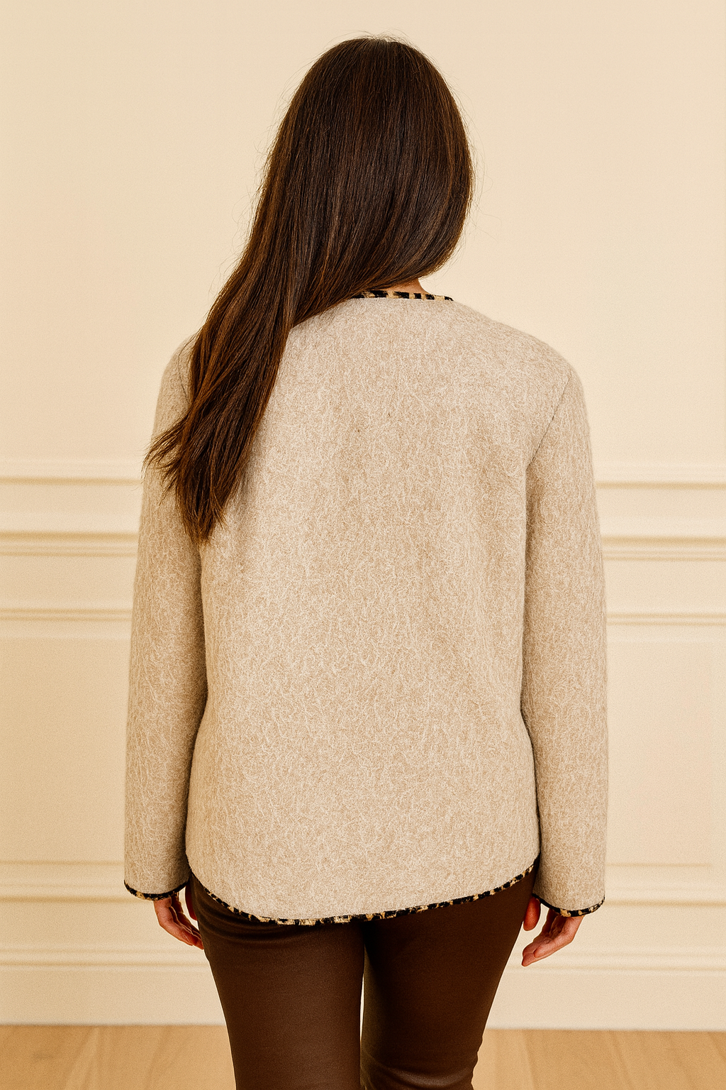 Double Pocket Leopard Trim Alexa Button Jacket - Beige
