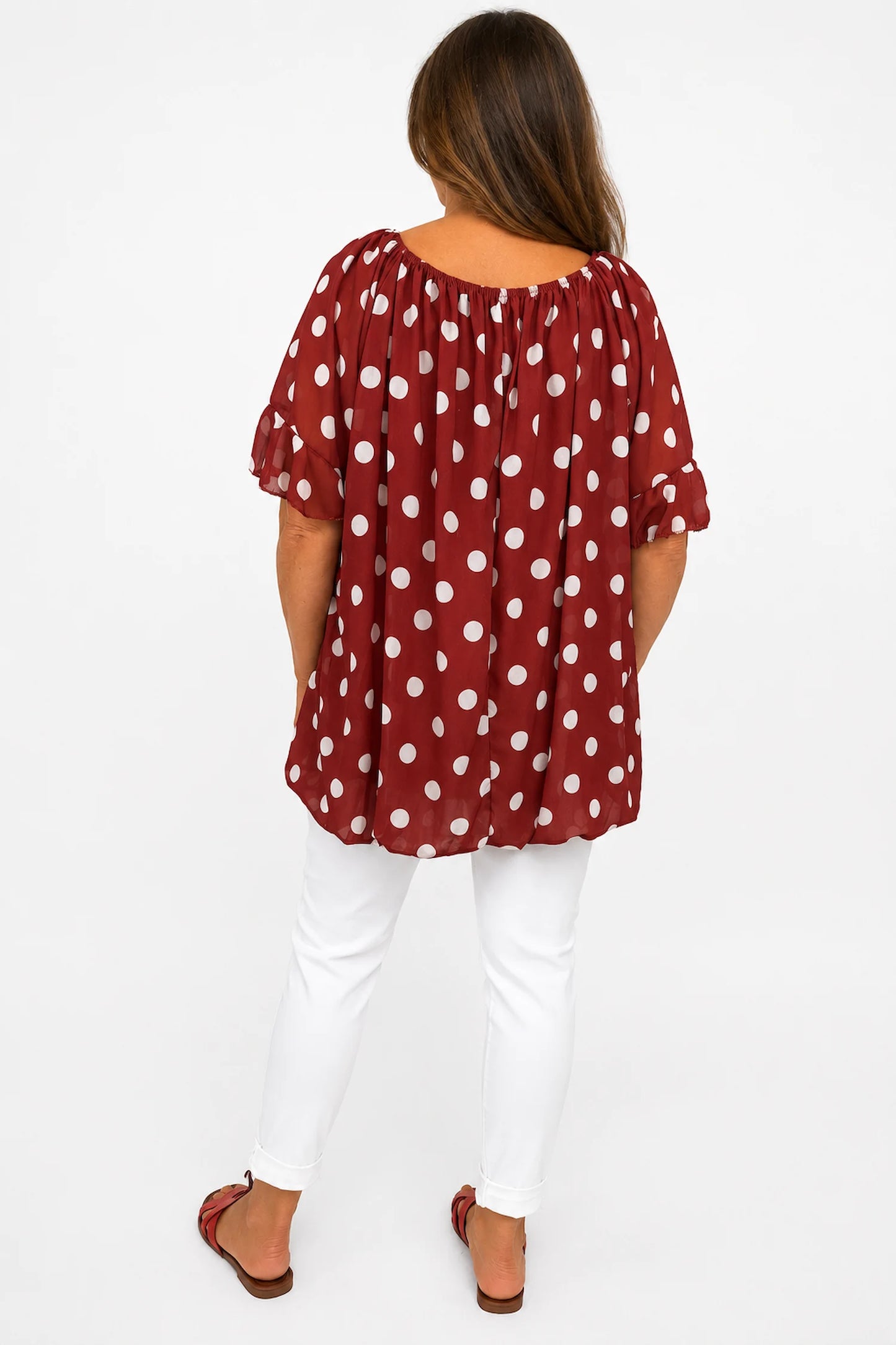 Tied Detail Fully Lined Polka Dot Elasticated Hem Francis Chiffon Top - Terracotta Red