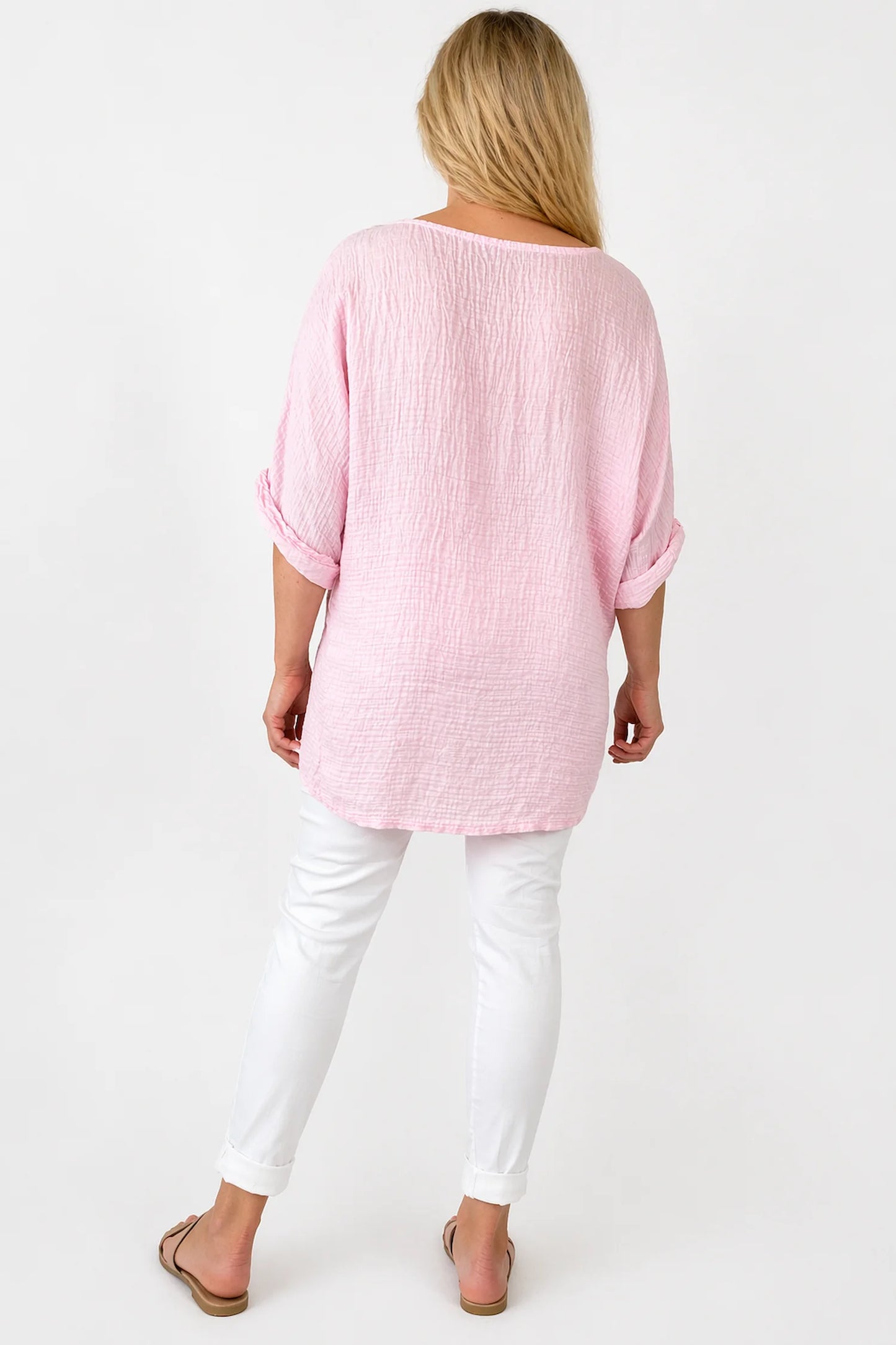 Lightweight Soft Crinkle Texture Lunae Necklace Top - Baby Pink