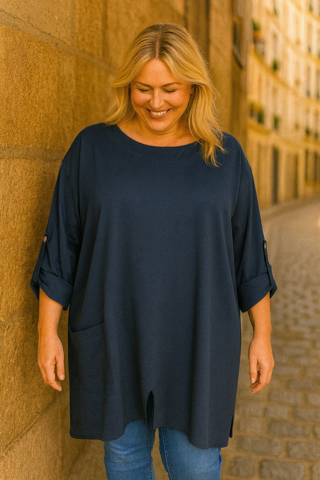 Pure Cotton Pocket Detail Button Sleeve Sari Top - Navy