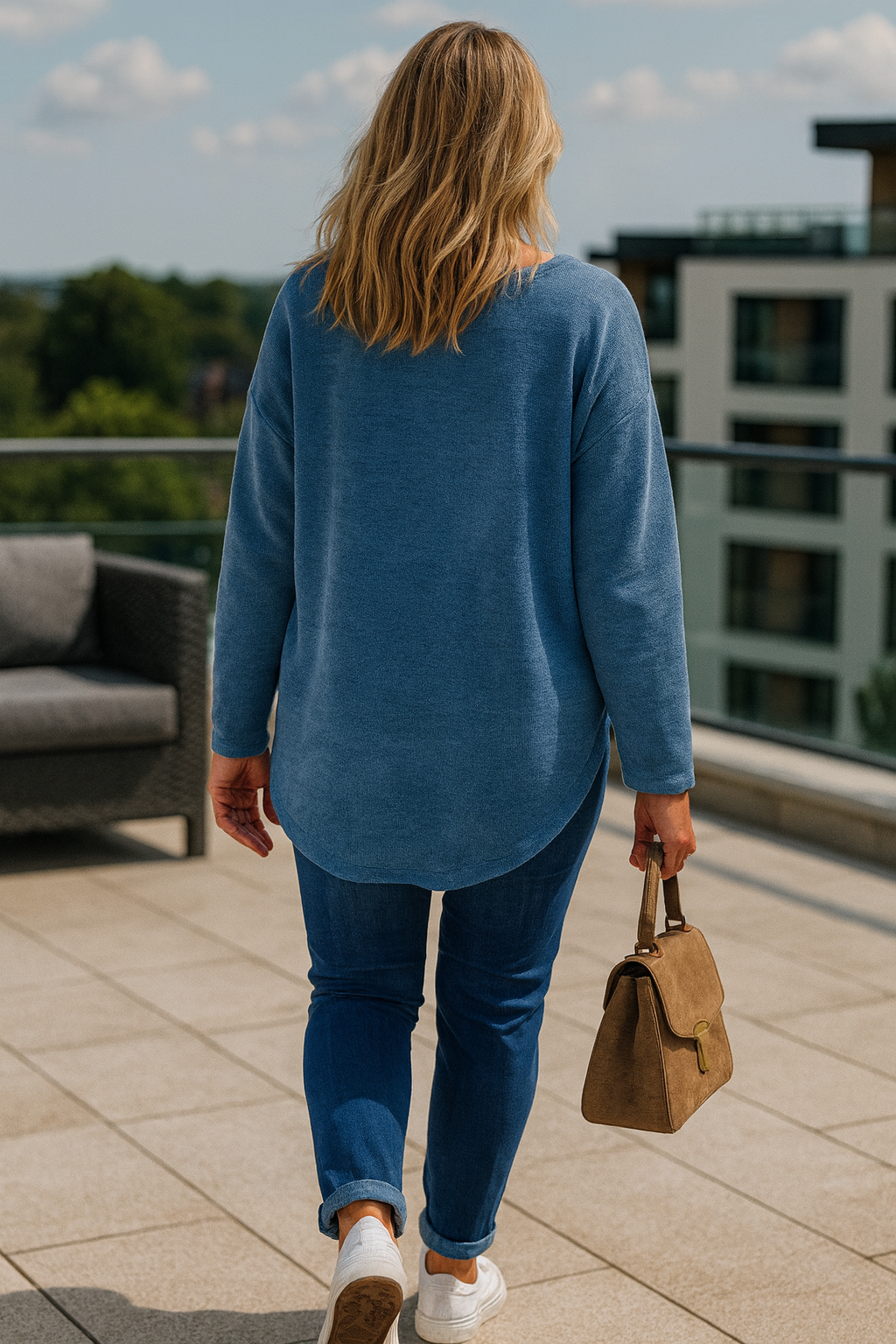 Chenille Paris Pocket Detail Necklace Top - Denim