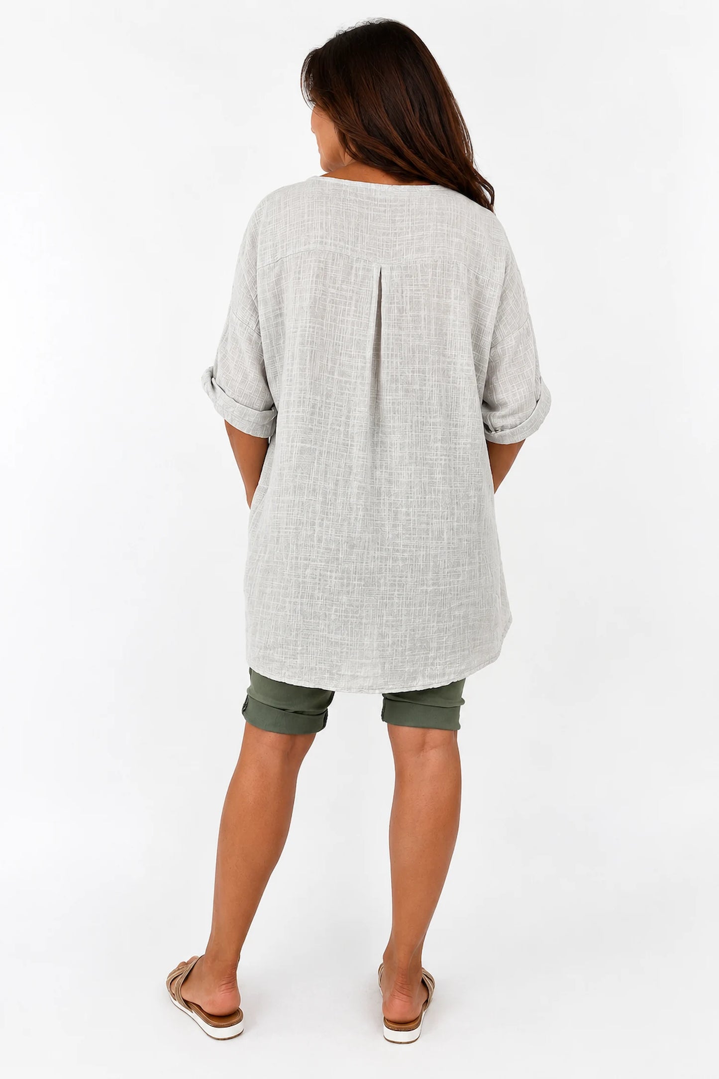 Linen Look Pure Cotton Button Detail Pocket Venice Top - Stone