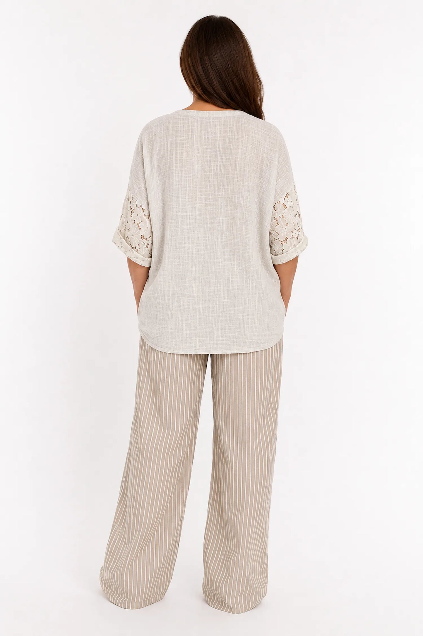 Linen Look Cotton Lace Sleeve Calabri Button Top - Beige