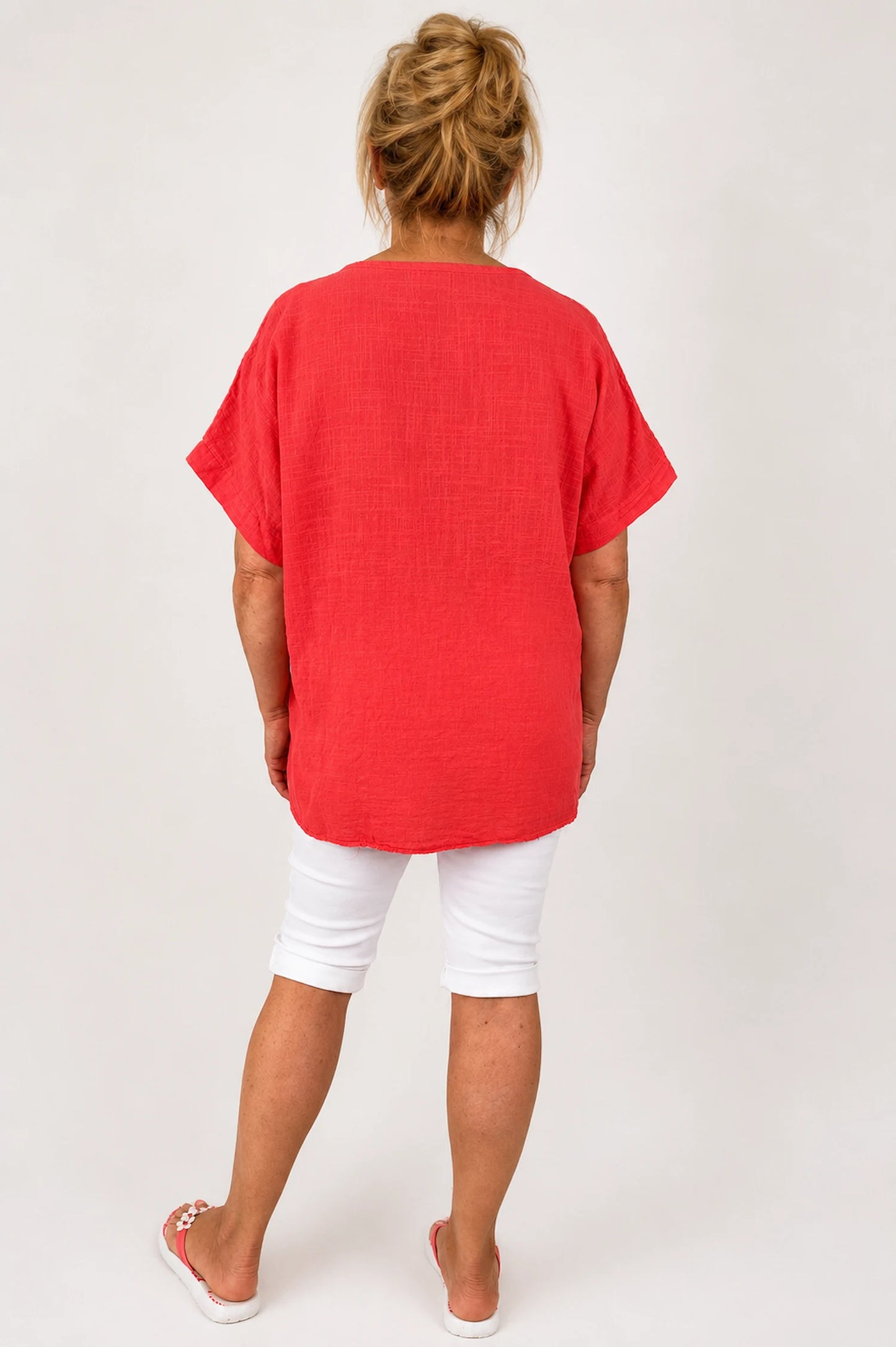 Pure Cotton Embroidery Anglaise Crochet Sleeve Devure Top - Coral