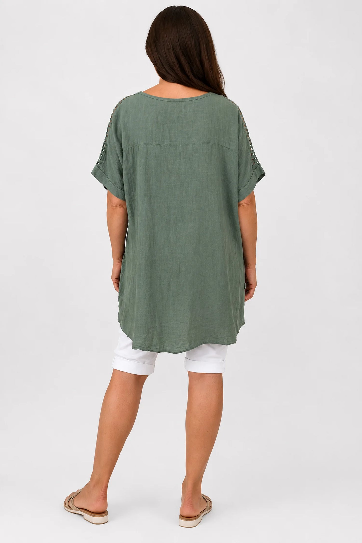 Pure Cotton Embroidered Crochet Sleeve Amira Top - Khaki