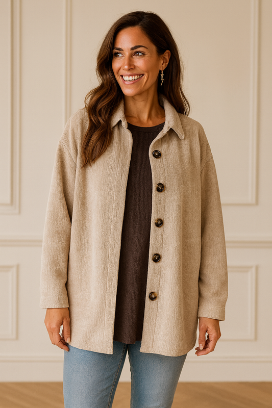 Chenille Arrivia Button Shacket - Beige