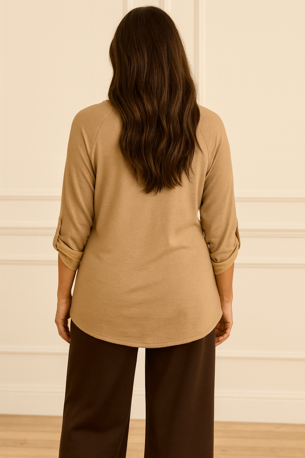 Luxury Knit Button Sleeve Kari Sparkle Clover Top - Beige