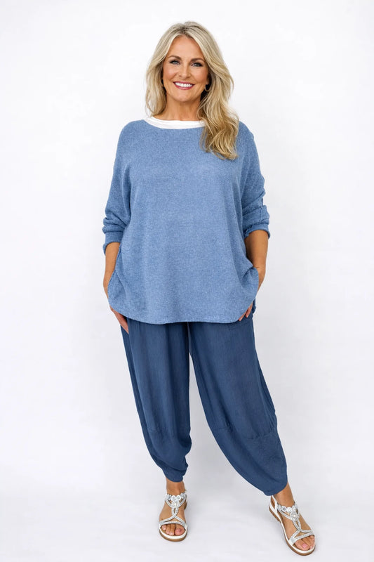 Cotton Seam Sleeve Vittoria Spring Knit Top - Denim