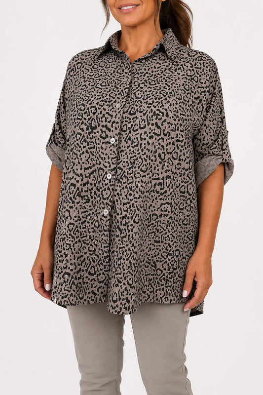 Premium Stitch Button Sleeve Leopard Print Valencia Button Shirt - Mocha
