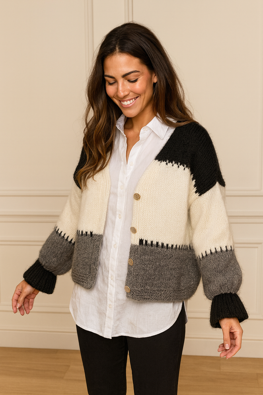 Premium Knit Gold Button Vitala Cardigan - Black/Cream/Grey