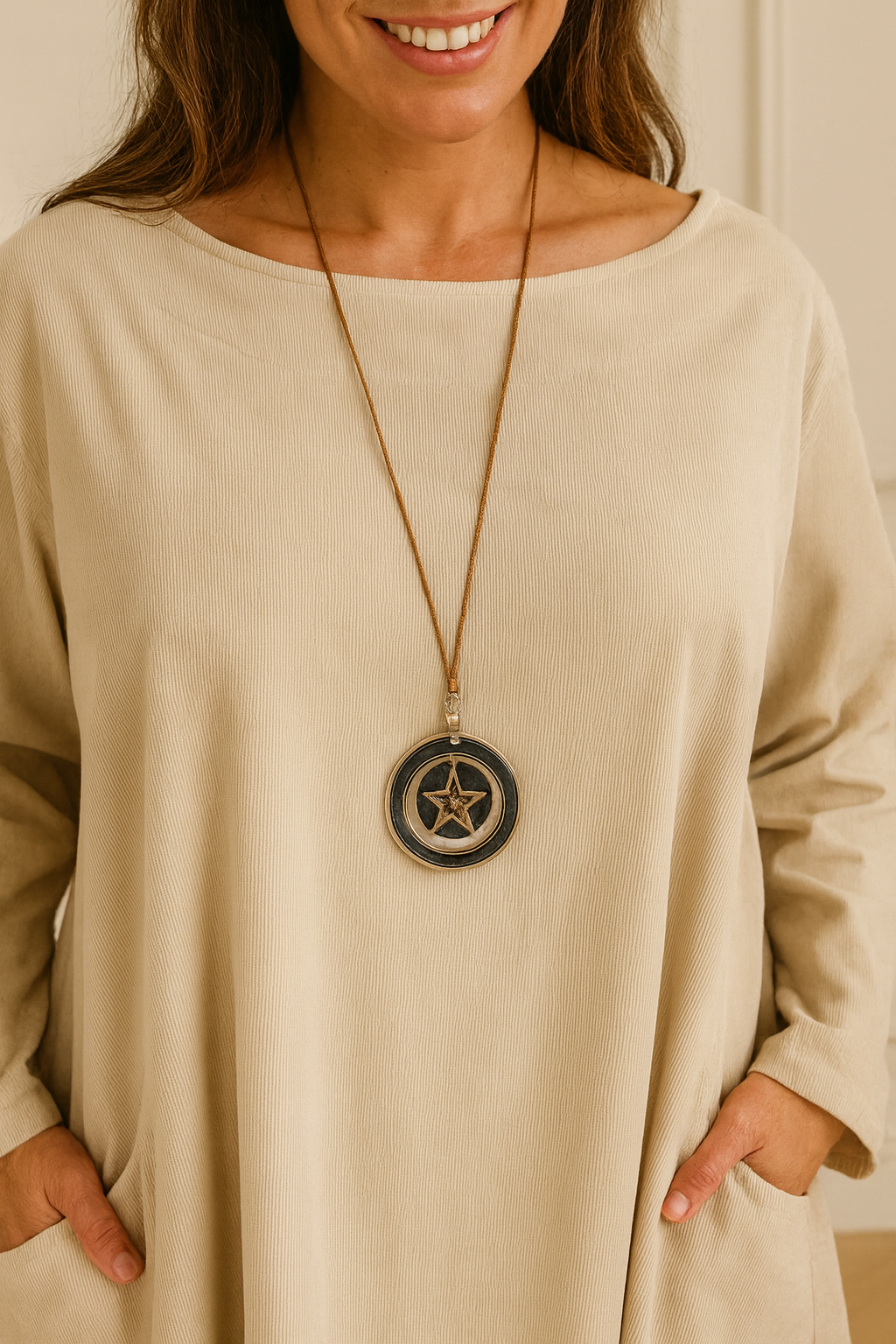 Cotton Needlecord Double Pocket Tiffany Necklace Top - Beige