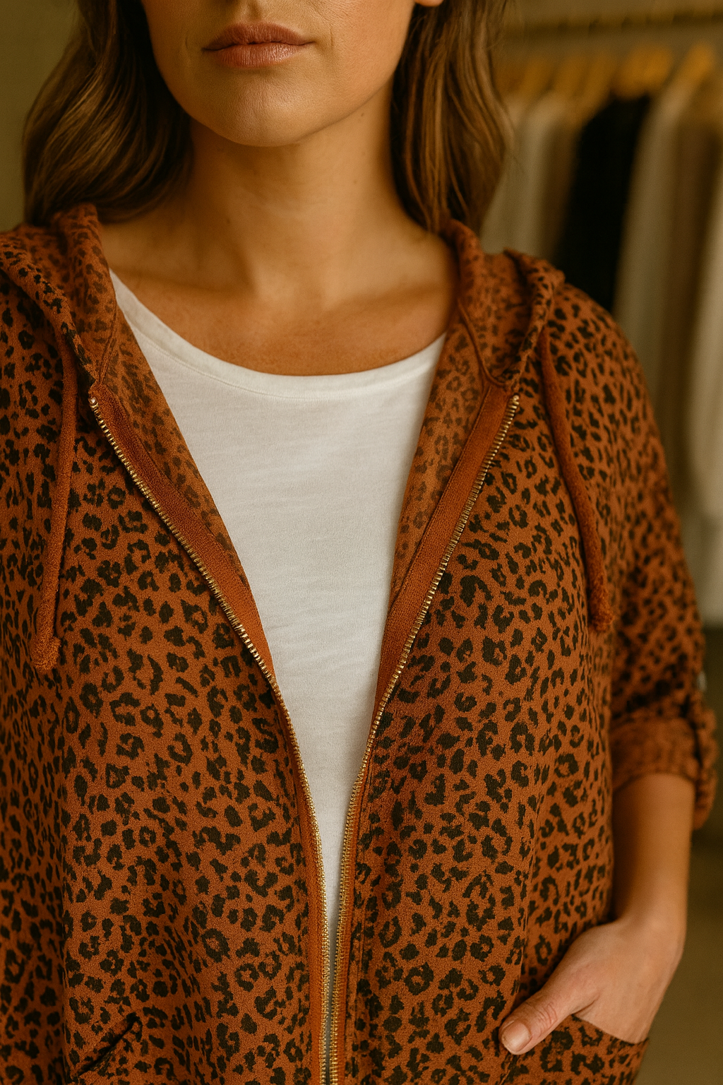Light Weight Premium Stitch Zipped Button Sleeve Amari Leopard Print Jacket - Spice Terracotta