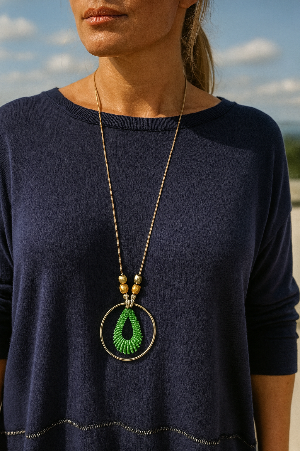Soft Knit Silver Line Diana Necklace Top - Navy