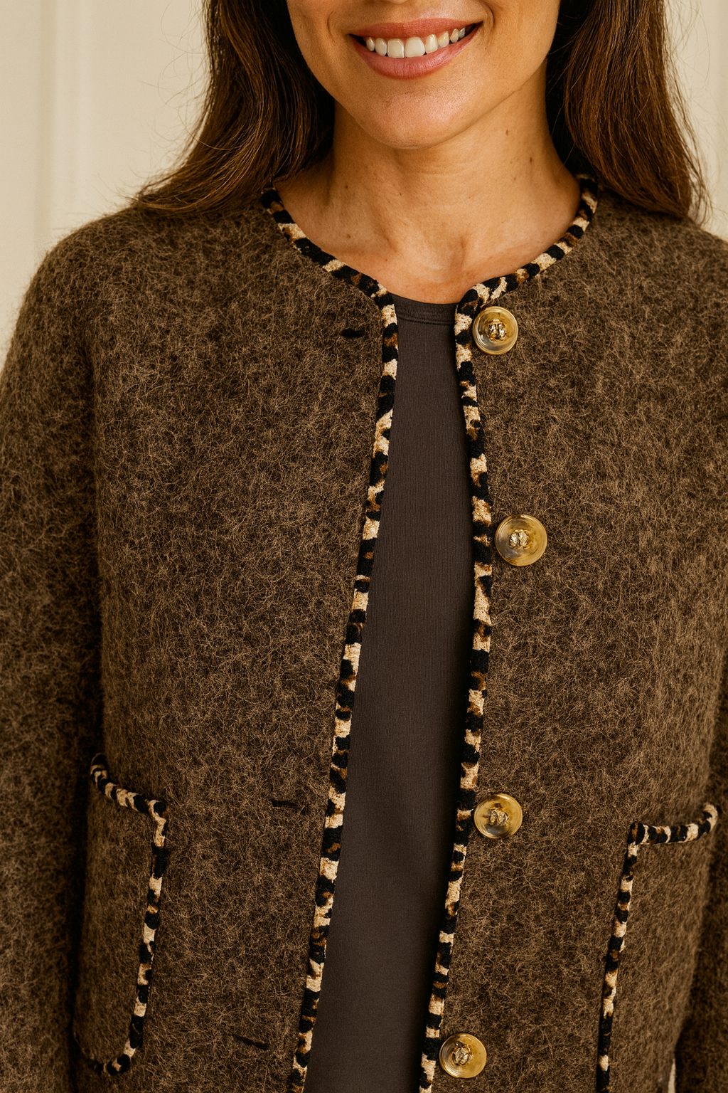 Double Pocket Leopard Trim Alexa Button Jacket - Chocolate