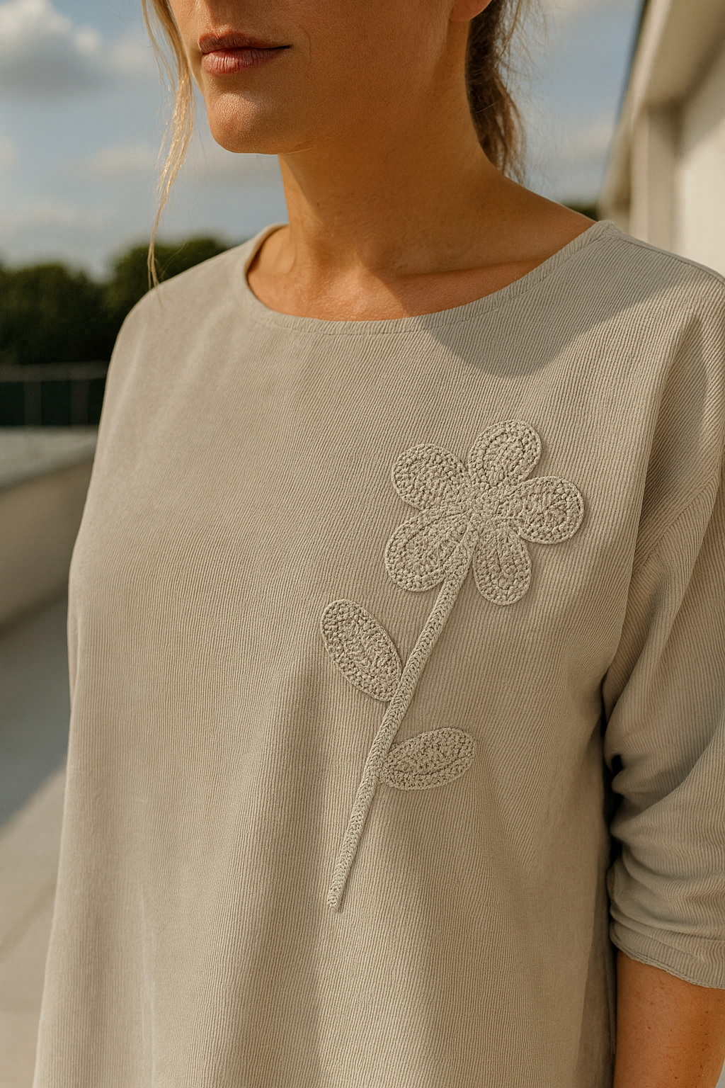 Pure Cotton Needlecord Flower Stitch Arabella Top - Beige
