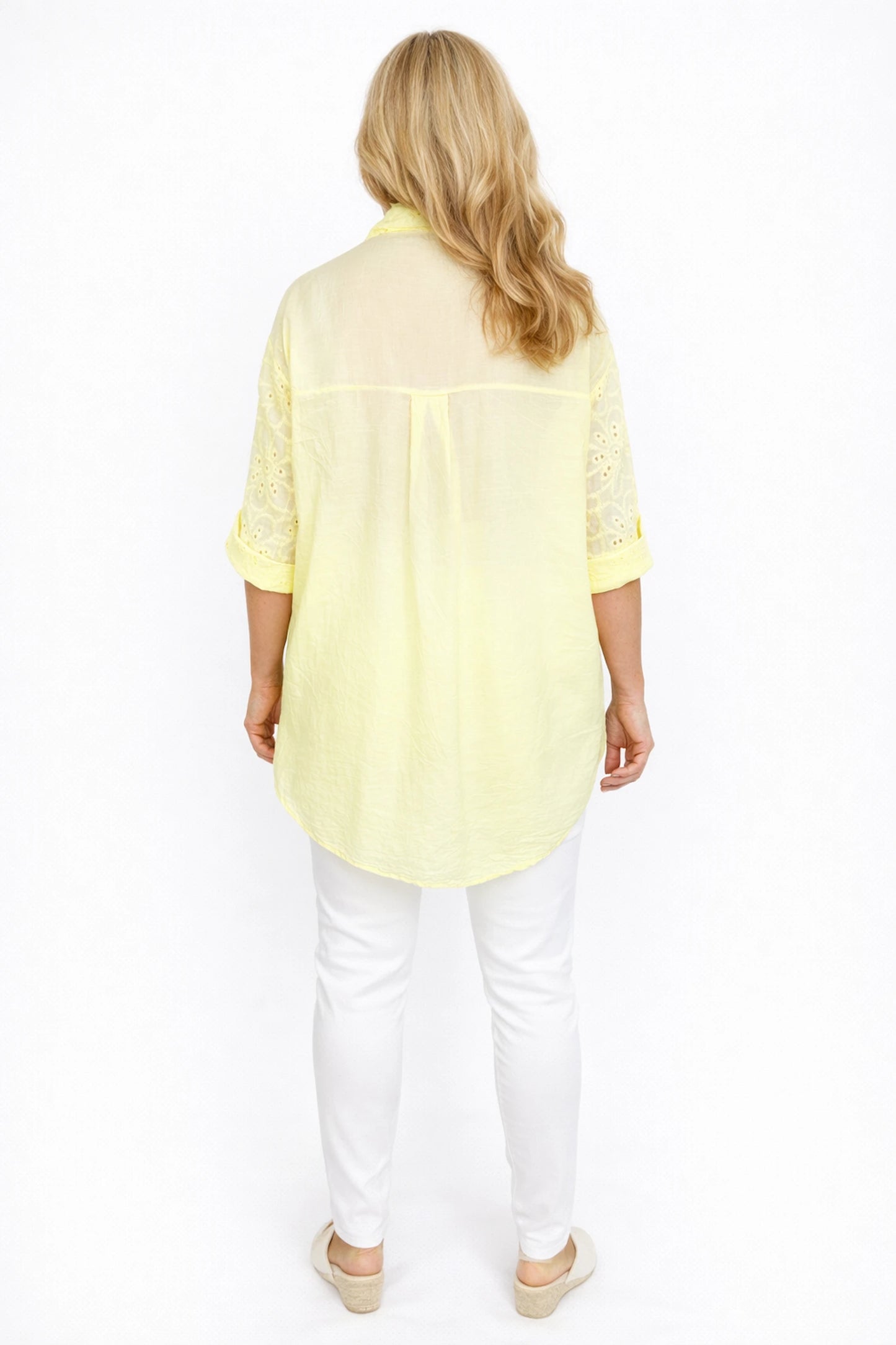Cotton Embroidery Anglaise Crochet Detail Carlotta Button Shirt - Lemon