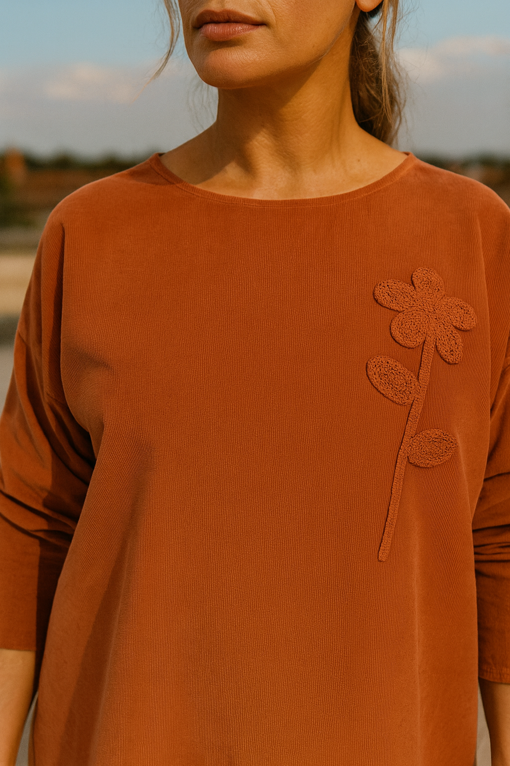 Pure Cotton Needlecord Flower Stitch Arabella Top - Burnt Orange