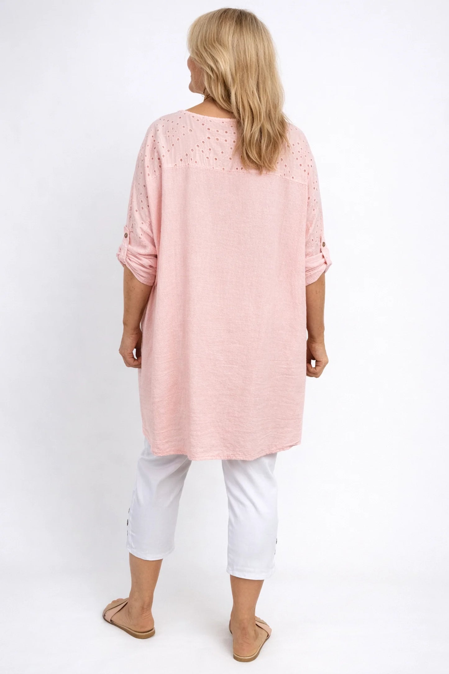 Cotton Crochet Detail Double Pocket Button Sleeve Cláudia Necklace Top - Baby Pink